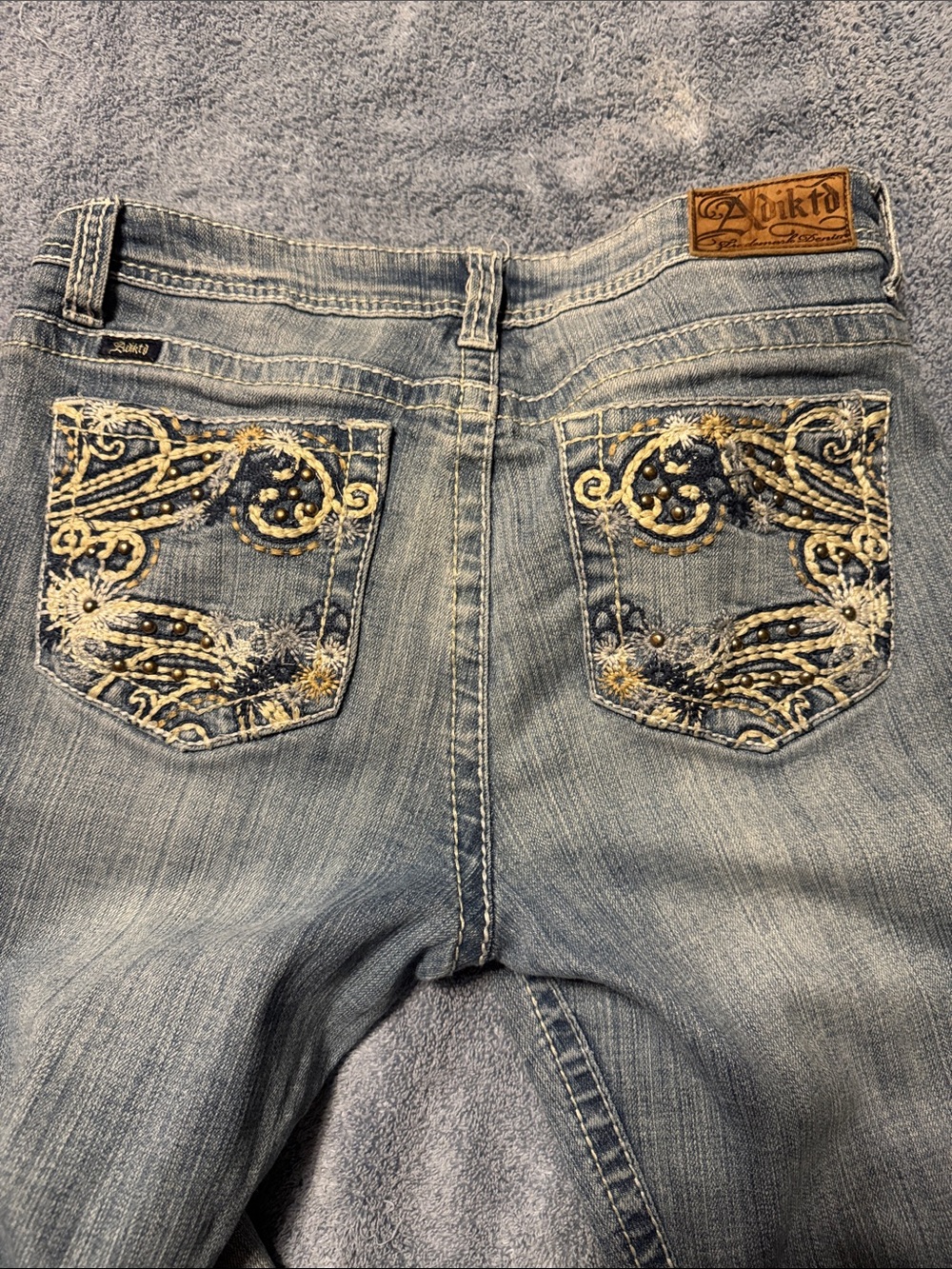 Y2K Adiktd Trademark Denim Low-Rise Bootcut Jeans - tan and gun metal
